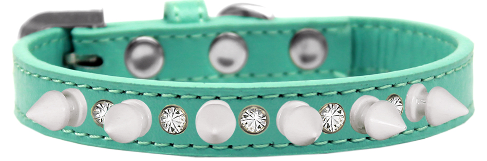 Crystal and White Spikes Dog Collar Aqua Size 14